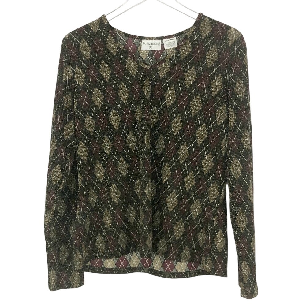 Kathy Ireland Vintage Metallic Argyle Gold & Wine Red Long Sleeve Blouse Size L